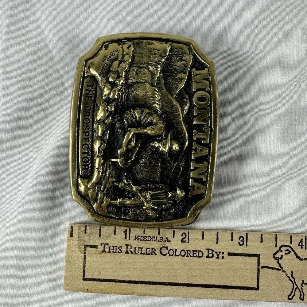 VTG Montana PROSPECTOR BELT  BUCKLE VINTAGE Solid Brass 1979 Bob Scriver